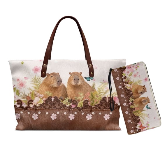 ZUXONGSY Groundhog Print Handbag and Wallet Set for Lady Women's Large Cherry Blossom Print Handbag and Wallet Set PU Leather Tote Bag with Zipper, 2 Pcs