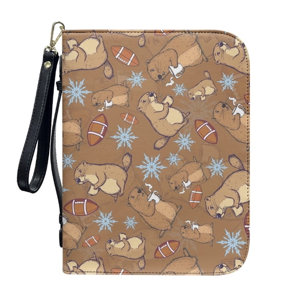 ZUXONGSY Groundhog Rugby Snowflake Print PU Leather Bible Cover for Women Men Multifunctional Bible Protective Carrier with Detachable Wristlet Strap Scripture Bag for Church Bible Gift, XL