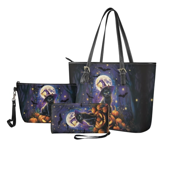 ZUXONGSY Halloween Bat Black Cat Pumpkin Print Tote Bag with Practicality Makeup Bag Wallet for Women PU Leather Top Handle Satchel Set with Casual Travel Toiletry Bag Slim Wallet for Daily Use Work