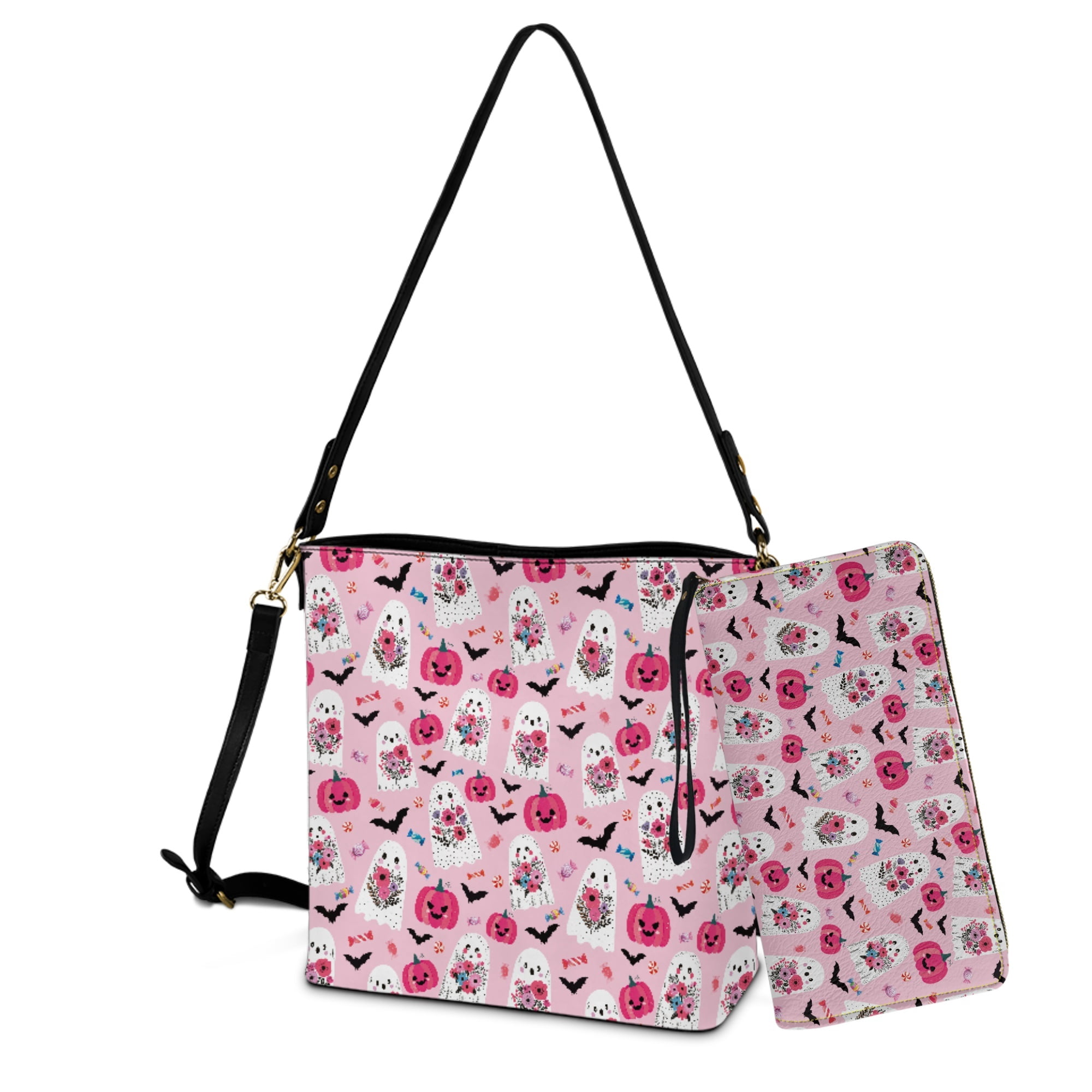 ZUXONGSY Halloween Bat Ghost Pumpkin Print Casual Bucket Bag Tote Purse Set for Women, Fashion Shoulder Bag with Leather Wallet for Daily Use Travel