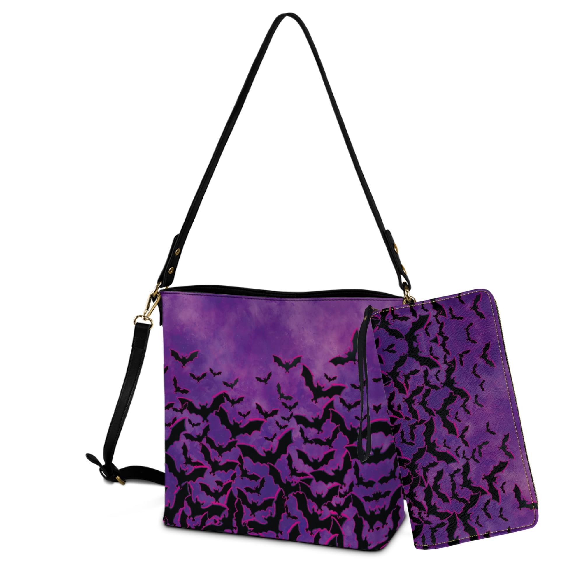 ZUXONGSY Halloween Bat Print Crossbody Handbag with Leather Wallet for Women Lady Multipurpose Bucket Bag Tote Purse Set Fashion Crossbody Hobo Bag with Wallet Set for Working