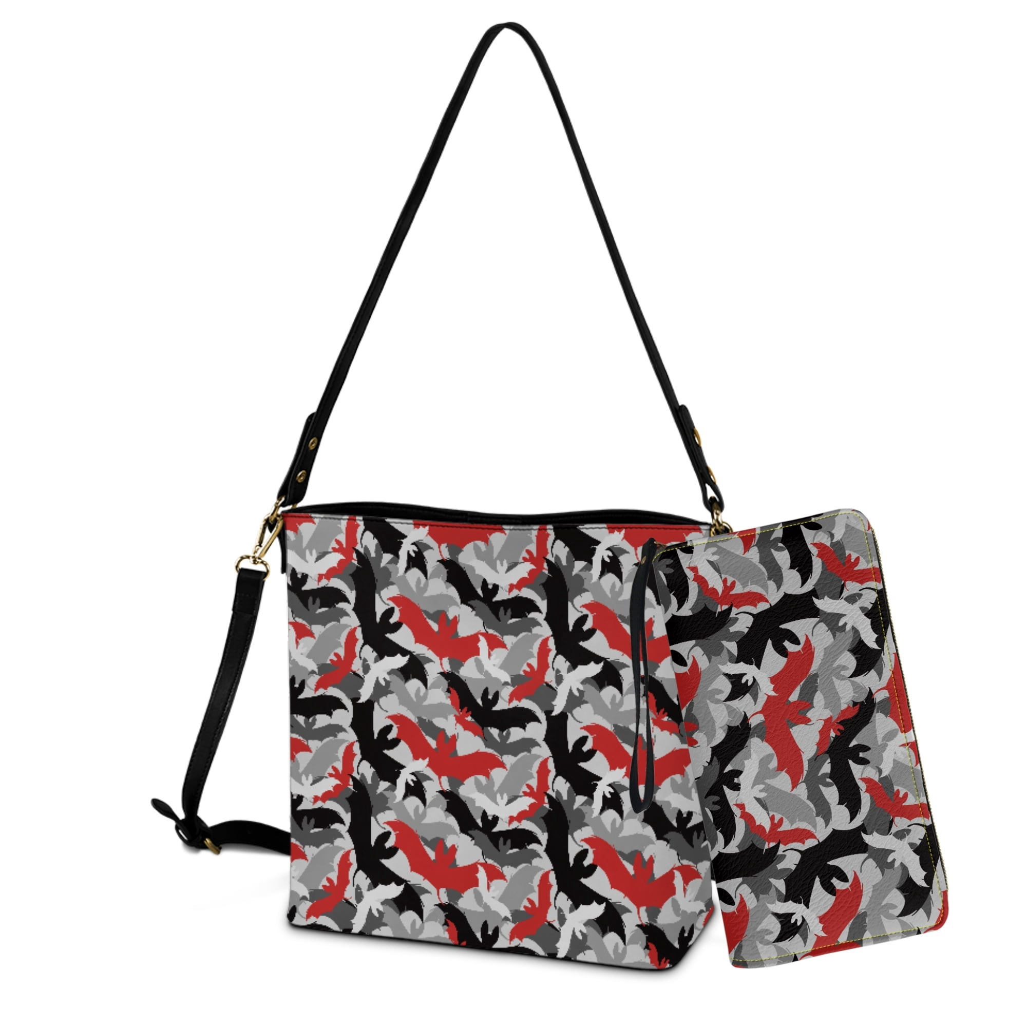 ZUXONGSY Halloween Bat Print Large Crossbody Handbag with Leather Wallet for Women, Waterproof Bucket Bag Tote Purse Set for Shopping Working