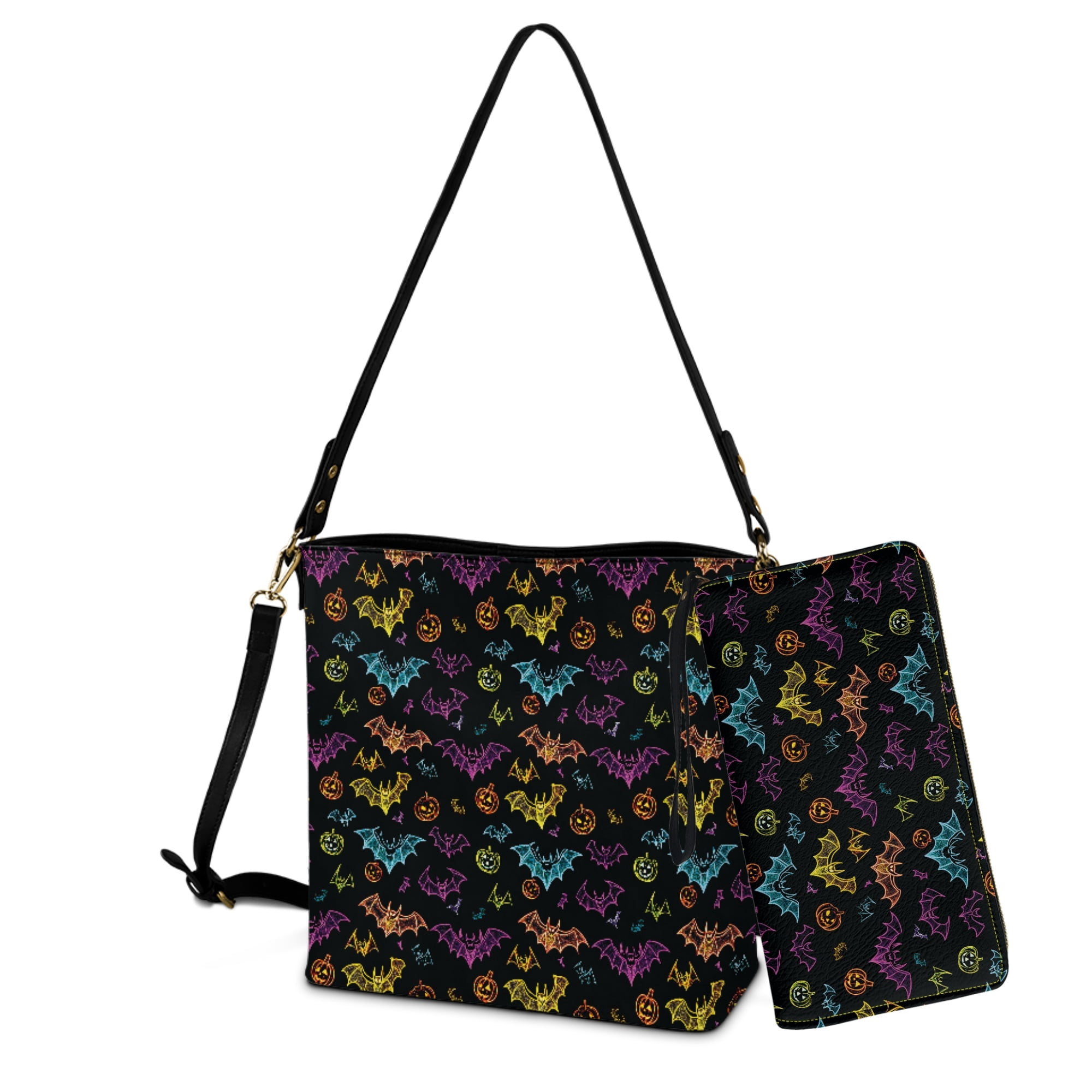 ZUXONGSY Halloween Bat Pumpkin Print Shoulder Bag with Leather Wallet for Women Lightweight Leather Crossbody Handbag with Wrist Wallet Large Bucket Crossbody Bag Set for Working