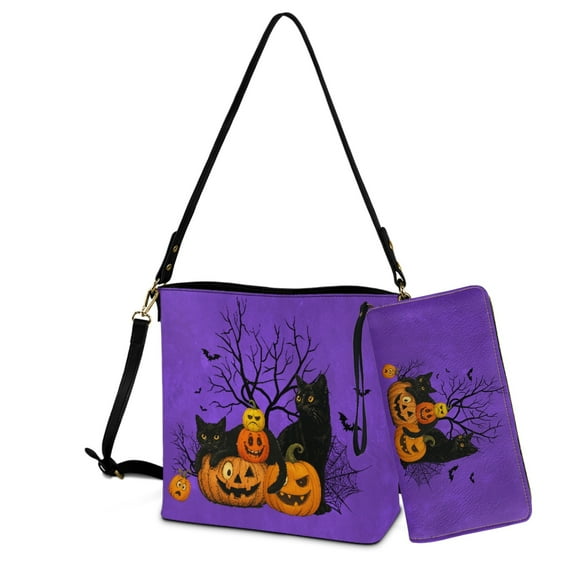 ZUXONGSY Halloween Black Cat Pumpkin Bat Print Top-Handle Handbags with Purse for Women Large Crossbody Hobo Bag with Wallet Set Fashion Bucket Crossbody Bag Set for Shopping