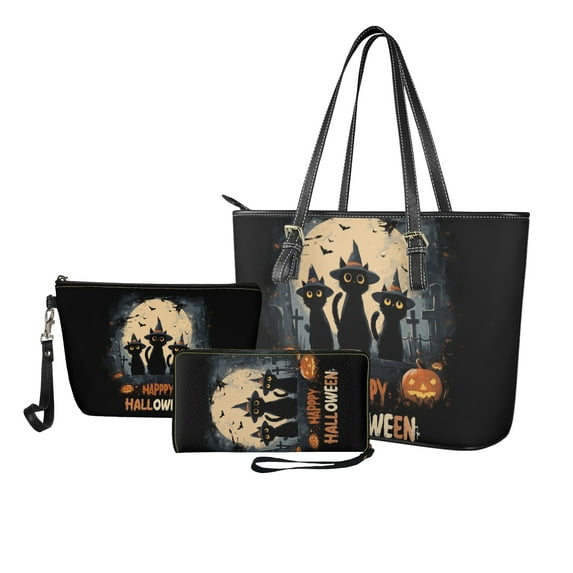 ZUXONGSY Halloween Black Cat Pumpkin Print Handbag with Large Capacity Makeup Bag Wallet for Women PU Leather Top Handle Satchel Set with Fashion Cosmetic Pouch Purse Money Organizers for Shopping