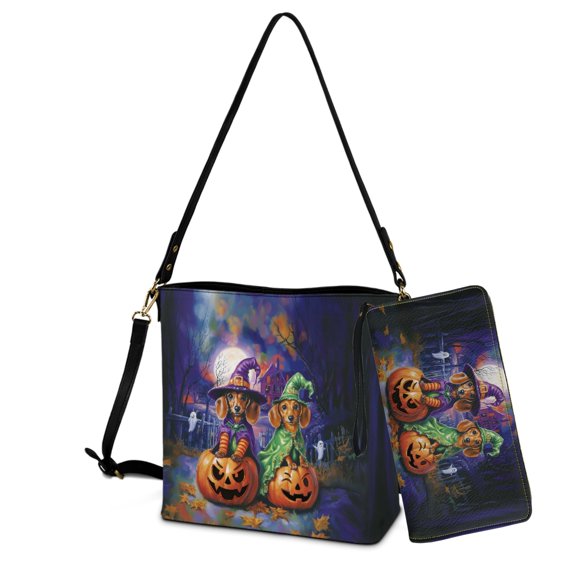 ZUXONGSY Halloween Dachshund Pumpkin Ghost Print sTop-Handle Handbags with Purse for Women Multipurpose Crossbody Handbag with Leather Wallet Trendy Bucket Purse and Wallet Set for Dating