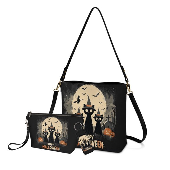 ZUXONGSY Halloween Pumpkin Black Cat Bat Print Top-Handle Handbags with Portable Makeup Pouch and Lip Balm Holder for Women Crossbody Hobo Bag Set with Cosmetic Pouch Purse Lipstick Holder