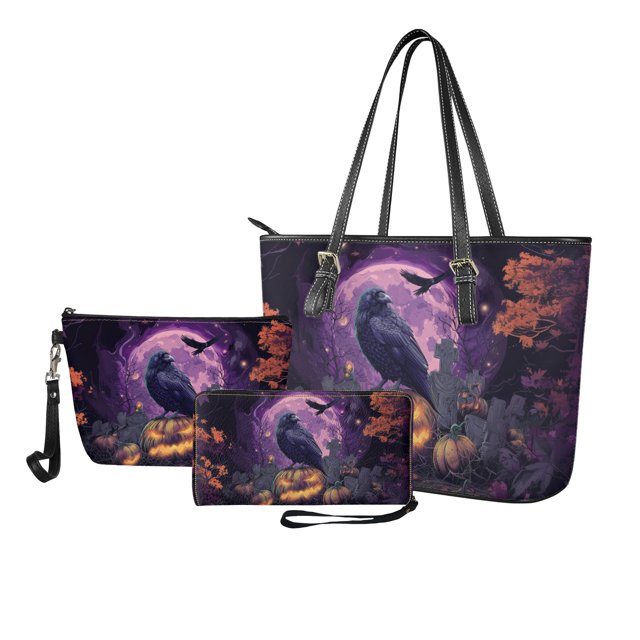 ZUXONGSY Halloween Raven Pumpkin Moon Print Top Handle Bag with Practicality Makeup Bag Wallet for Women PU Leather Top Handle Satchel Set with Casual Makeup Pouch Slim Wallet for Dating Shopping