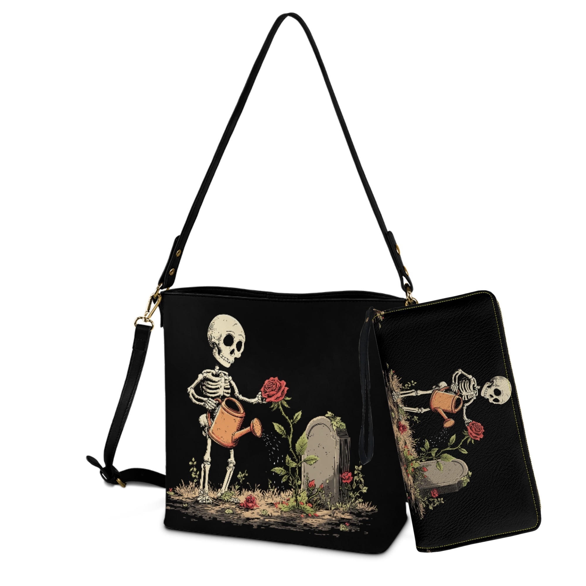 ZUXONGSY Halloween Skull Rose Print Bucket Purse and Wallet Set for Women Lady Large Bucket Bag Tote Purse Set Multipurpose 2 Pcs Bucket Purse Set for Business