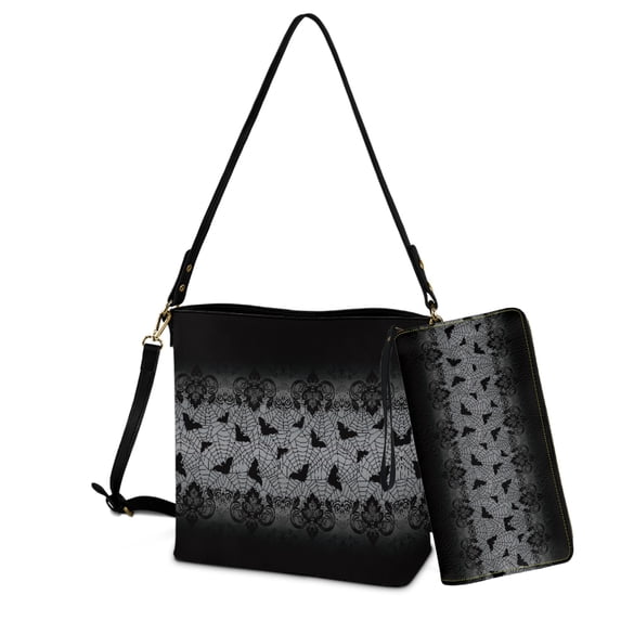ZUXONGSY Halloween Spider Web Bat Print Top-Handle Handbags with Purse for Women Fashion 2 Pcs Bucket Purse Set Large Bucket Crossbody Bag Set for Workout