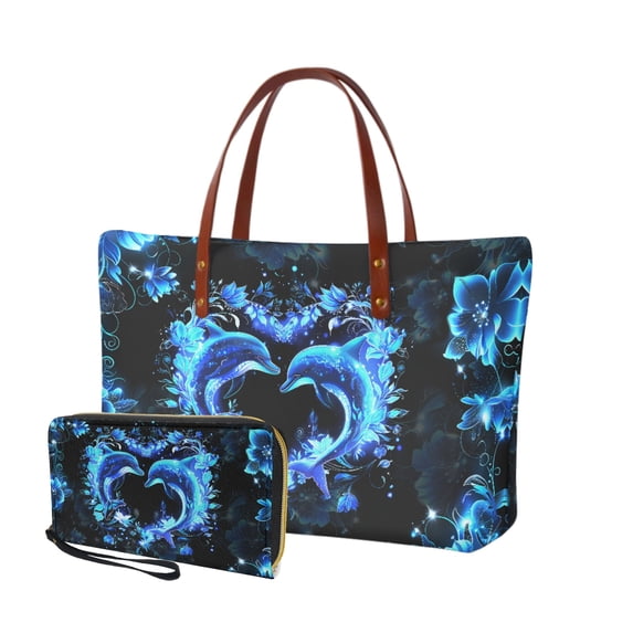 ZUXONGSY Heart Dolphin Floral Print 2 PCS Purses and Work Bag for Women Polyester Top Handle Satchel Shoulder Bag PU Cash Wallet Satchel Handbags Tote Bag for Shopping Work Hiking