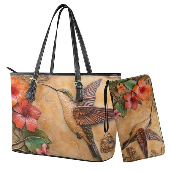 ZUXONGSY Hibiscus Hummingbird Print Purse and Wallet Sets for Women Handbag and Purse Set Satchel Purse Top Handle Tote Bag for Women Leather Shoulder Handbag with Wallet