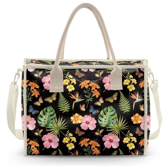 ZUXONGSY Hibiscus Monstera Print Clear PVC Tote Bag for Women Waterproof Shoulder Handbag with Secure Zipper Shopper Bag for Grocery Runs and Commute Days