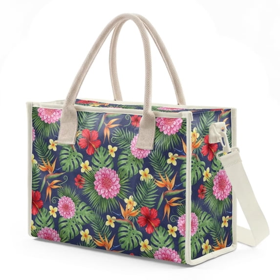 ZUXONGSY Hibiscus Monstera Print PVC Tote Bag for Women Clear, Large Lightweight Shoulder Hobo, Waterproof Tote with Adjustable Straps, Oversize Purse for Travel Beach