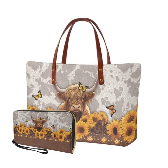 ZUXONGSY Highland Cattle Butterfly Sunflower Print 2 Pack Handbags Wallet Set for Women Cow Spot Top Handle Tote Bag Shoulder Bag Waterproof Cash Wallet for Shopping Business