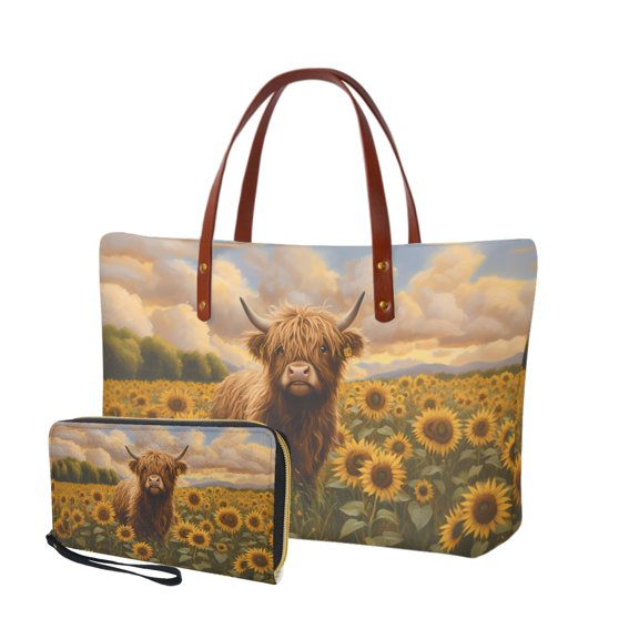 ZUXONGSY Highland Cattle Sunflower Print Tote Bag and Wallet Set of 2 for Women Waterproof Handbags Top Handle Satchel Cash Wallet with Handle Shoulder Bag for Excursions Shopping