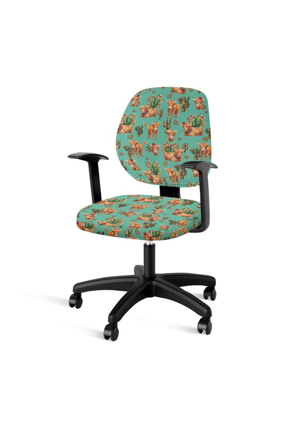 Highland Cow Cactus Office Chair Cover 2 Piece Mid Back Chair Covers Stretchable Computer Chair Protector Easy to Clean Suitable for Most Decorating Styles Decorating Old Chairs