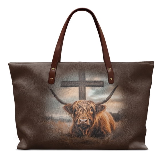 ZUXONGSY Highland Cow Cross Print Tote Bag for Women Pu Leather Handle Handbag Waterproof Satchel Handbags with Inner Pocket for Travel Vacation
