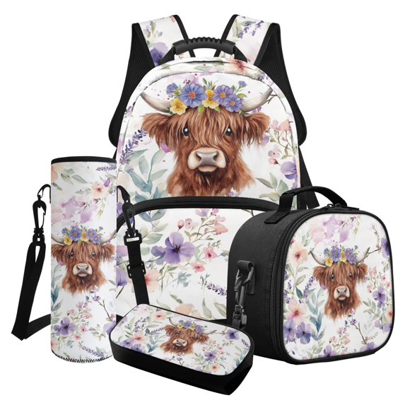 ZUXONGSY Highland Cow Daisy Flower Print Fashion Backpack for School Girls and with Lunch Box 4 in 1 Set Kids Bookbag Lightweight School Bag Set Back Pack Back to School Gifts