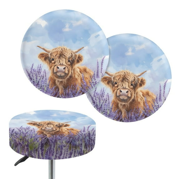 ZUXONGSY Highland Cow Lavender Circle Stool Cover 2 Pack Size M Round Protective Cover 13"-15" Stretchable Furniture Covers to Keep Clean Home Stool Cushion Accessories