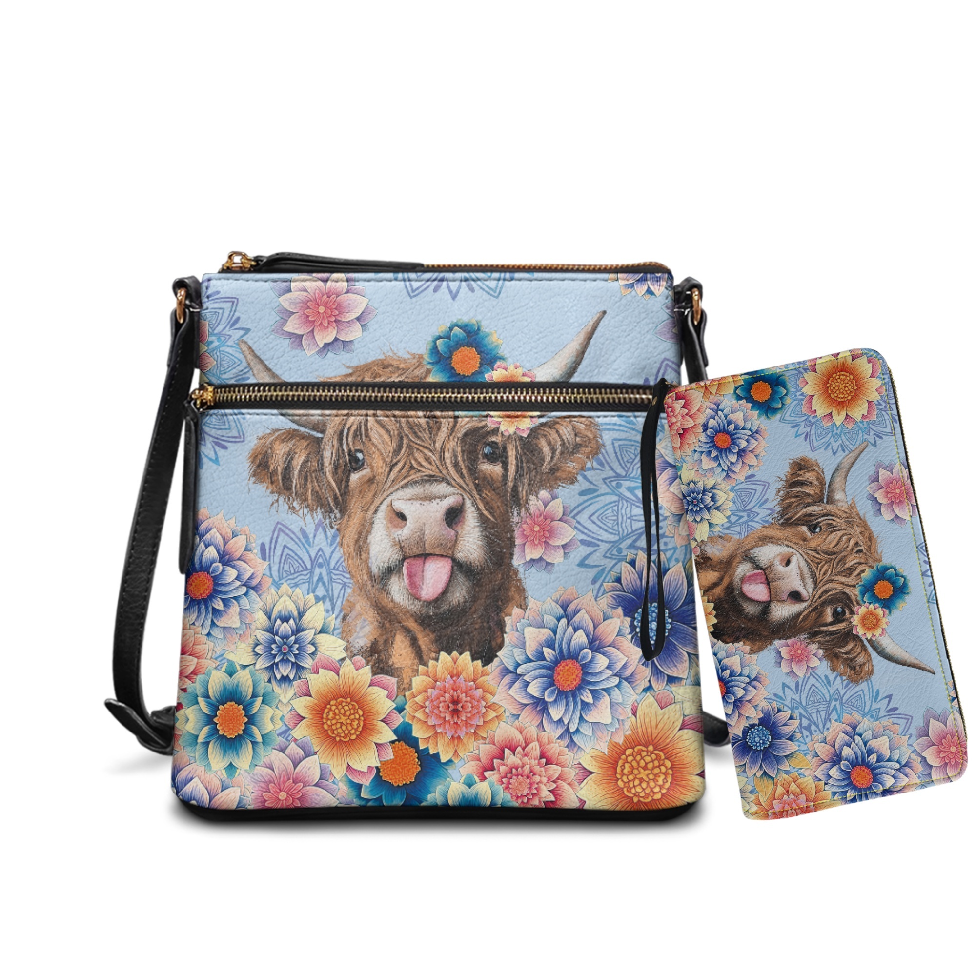 ZUXONGSY Highland Cow Mandala Print Hobo Crossbody Bag Set for Women Lady, Leather Satchel Purse Multi Pocket Crossbody Shoulder Handbag Medium Size Messenger Bag with Adjustable Strap