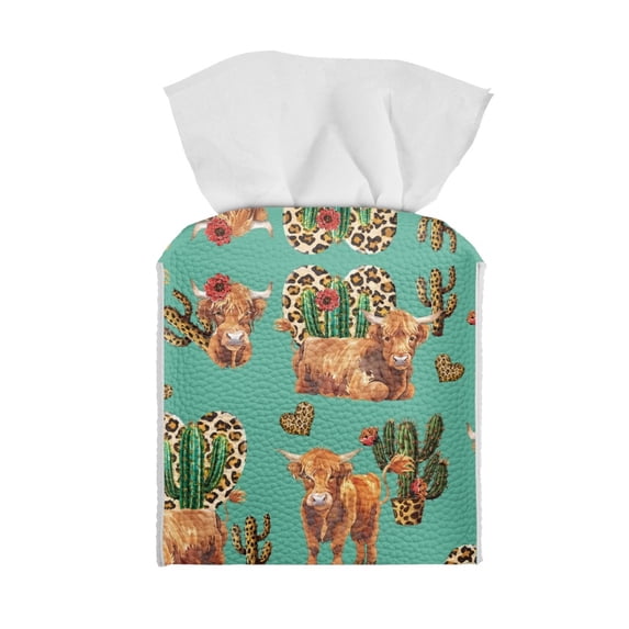 ZUXONGSY Highland Cow Square Tissue Box Cover Cactus PU Leather Tissue Box Cover Reusable Facial Paper Organizer Easy to Install Tissue Box for Home Bathroom Decorative Covers