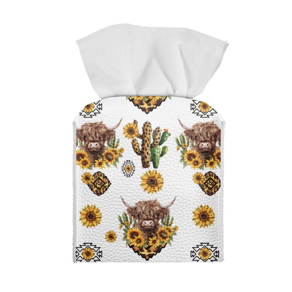 ZUXONGSY Highland Cow Square Tissue Box Cover Sunflower PU Leather Tissue Box Decorative Square Tissue Box Cover Cube Reusable Tissue Box Holder for Car Home Bathroom