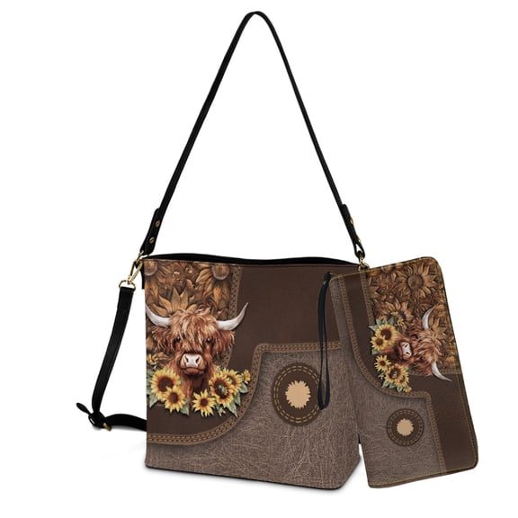 ZUXONGSY Highland Cow Sunflower Butterfly Print Multifunctional Crossbody Handbag with Leather Wallet for Women, Multipurpose Bucket Bag Tote Purse Set for Dating Business