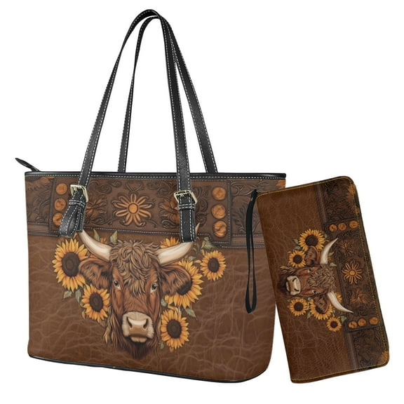 ZUXONGSY Highland Cow Sunflower Print Handbag and Wallet Set Womens Purse and Wallet Set Lightweight Hobo Satchels Top Handle Tote Bag with Matching Clutch Purse