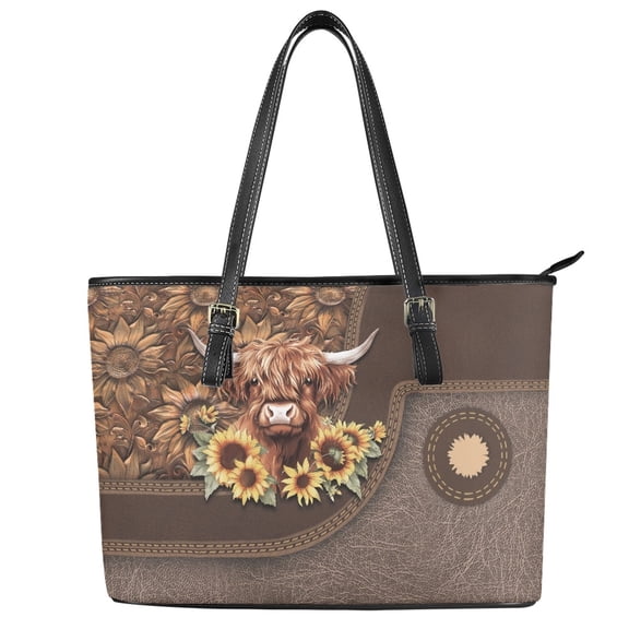 ZUXONGSY Highland Cow Sunflower Print Handbag for Women Fashion Satchel Handbags Practicality Top Handle Tote Bag with Zippered for Business Shopping