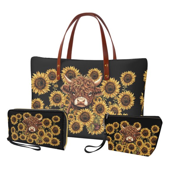 ZUXONGSY Highland Cow Sunflower Print Top Handle Bag with Casual Makeup Bag Purse for Women PU Leather Top Handle Satchel Set with Practicality Makeup Pouch Slim Wallet for Shopping Work