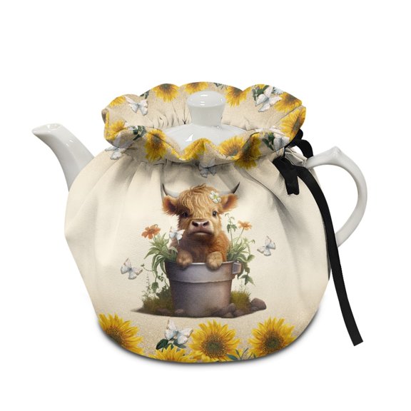 ZUXONGSY Highland Cow Sunflower Tea Cozies Tea Pot Cozies Double-Sided with Elastic Band Drawstring Dustproof Soft Breakfast Pot Protector Easy to Clean for Home Kitchen