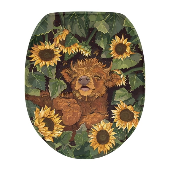 ZUXONGSY Highland Cow Sunflower Toilet Lid Dust Cover Easy to Install Toilet Lid Cover with Elastic Edge Washroom Toilet Bowl Dust Cover Washable Bathroom Accessories Decoration