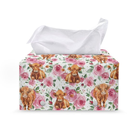 ZUXONGSY Highland Cow Tissue Box Cover Flower PU Leather Rectangular Tissue Box with Buttons Leather Tissue Paper Box Cover Easy to Clean Bathroom Decorative Accessories
