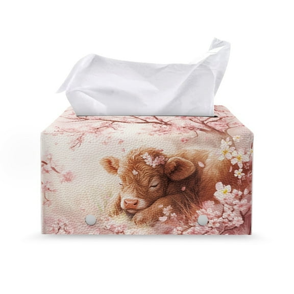ZUXONGSY Highland Cow Tissue Box Covers Flower PU Leather Household Tissue Holder with Buttons Tissue Organizer Case Easy to Install Leather Tissue Cover for Car Bathroom