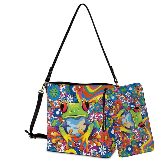 ZUXONGSY Hippie Daisy Flower Frog Print Trendy 2 Pcs Bucket Bag Purse Set for Women, Lightweight Leather Crossbody Handbag with Wrist Wallet for Dating Business