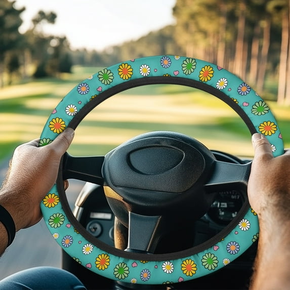 ZUXONGSY Hippie Flower Golf Cart Steering Wheel Covers Car Interior Accessories Universal Automotive Steering Wheel Cover Easy to Use Club Car Steering Wheel Cover Gifts for Golfer Womens