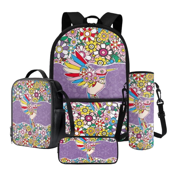 ZUXONGSY Hippie Hummingbird Daisy Flower Print Backpack Set for Girls Boys Middle-School Elementary Bookbags, 4Pcs School Bag with Lunch Bag Pencil Case Water Bottle Holder for School Travel Outdoor