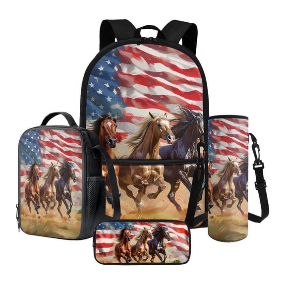 ZUXONGSY Horse American Flag Print School Backpack School Bag Bookbag Set Lunch Bag Pencil Case Bottle Holder 4pcs Set Modern Kids Bookbag with Shoulder Strap for Preschool, Kindergarten, Elementary