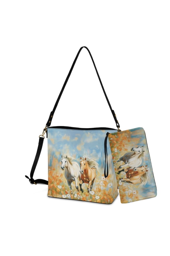 Horse Daisy Flower Print 2 Pcs Bucket Purse Set for Women Multipurpose Leather Crossbody Handbag with Wrist Wallet Trendy Bucket Bag Tote Purse Set for Dating