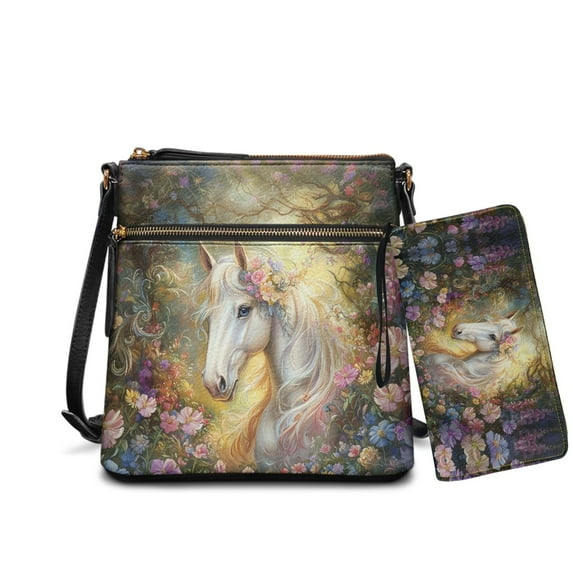 ZUXONGSY Horse Daisy Flower Print Women's Crossbody Hobo Purse & Wallet Set, PU Leather Satchel Bag with Multi-Pocket Design & Adjustable Strap for Travel & Work