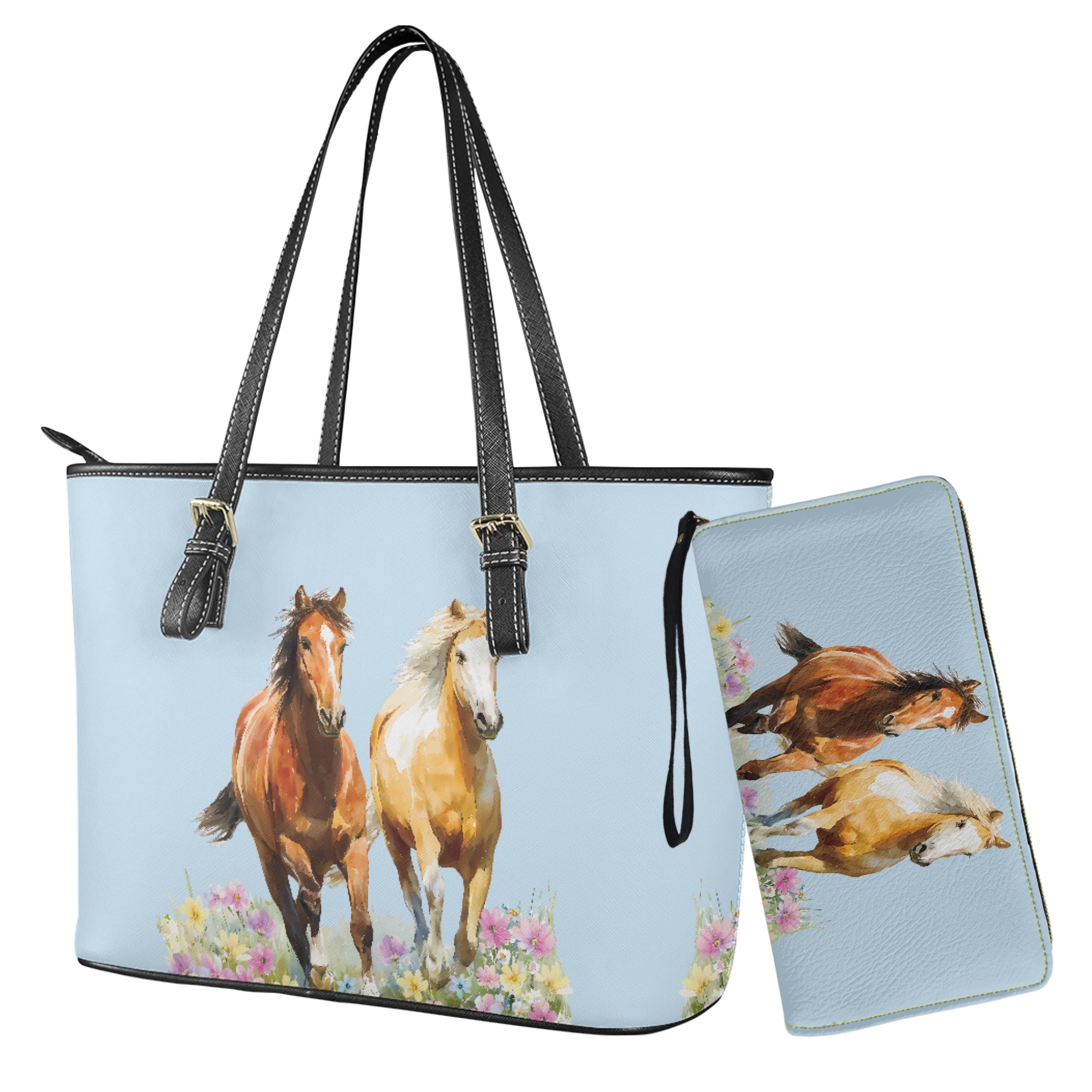 ZUXONGSY Horse Daisy Flower Print Womens Handbag Set Wallet and Purse Set Top Handle Handbag with Wristlet Wallet Set for Ladies Shopping Travel