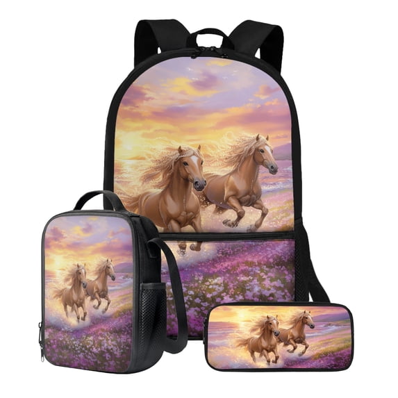 ZUXONGSY Horse Floral Sunset Print 3 Pieces Backpack with Lunch Box Pencil Pouch for Boys Girls 17 Inch Kids School Bags Bookbag Primary School Supplies with Bottle Pocket Stationery Bag Daypack