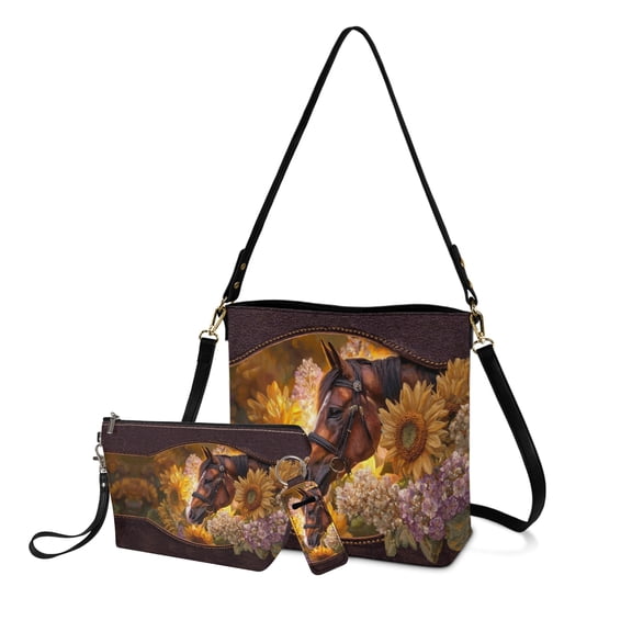 ZUXONGSY Horse Sunflower Hydrangea Print Large Capacity Bucket Crossbody Bag for Women with Makeup Bag & Chapstick Holder Keychain, 3-in-1 Multifunctional Purse Set for Travel Shopping