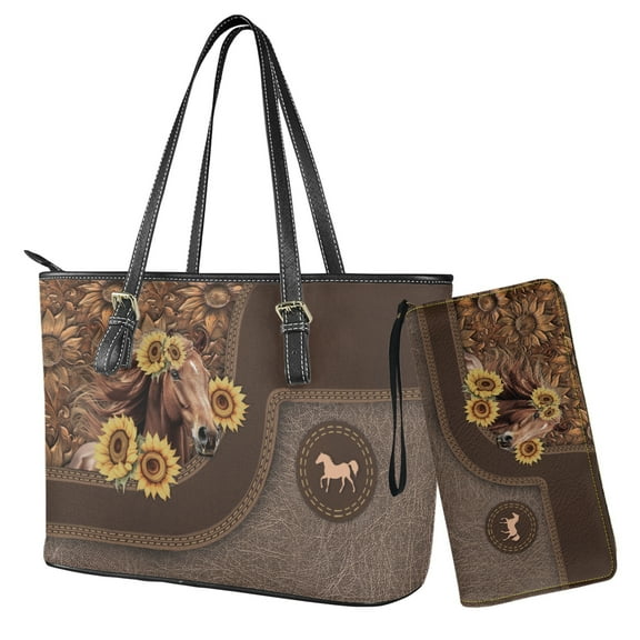 ZUXONGSY Horse Sunflower Print 2 PCS Handbag and Wallet Set Women Tote Bag Handbags PU Leather Hobo Shoulder Bags 2 Pcs with Coin Purses Waterproof Top Handle Handbag Set