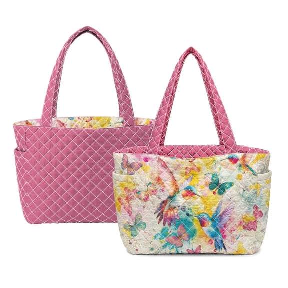 ZUXONGSY Hummingbird Butterfly Print Tote Bag Versatile Reversible Quilted Top Handle Handbag Trendy Women's Satchel for Business Travel Daily Commute Weekend, Pink