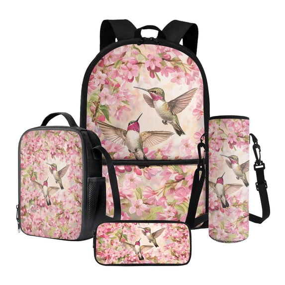 ZUXONGSY Hummingbird Cherry Blossom Print 4 Pieces Backpack for Boys Girls, Kids School Backpack with Lunch Box Pencil Case and Water Bottle Holder Set for Elementary Middle High School Students