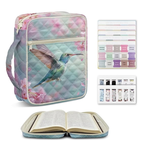 ZUXONGSY Hummingbird Cherry Blossom Print Bible Cover for Women: Quilted Bag with Zipper Compartment, Bookmarks & Handle - Perfect Organizer for Christian Books and Study Accessories