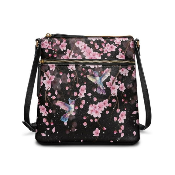 ZUXONGSY Hummingbird Cherry Blossom Print Leather Crossbody Bags for Women Lightweight Shoulder Purse Bag Multipurpose Multiple Pockets Bag with Zipper Pocket for Working Shopping