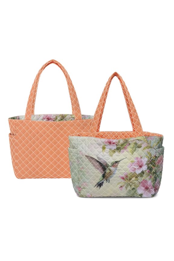 Hummingbird Cherry Blossom Print Tote Bag Large Reversible Quilted Shoulder Bag Trendy Women's Bag for Daily Commute Gym Travel Holiday, Orange